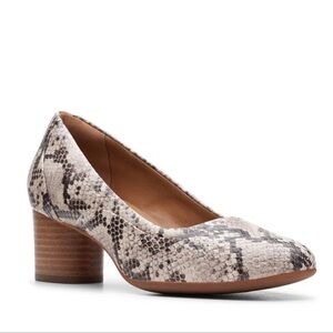 Clark's cosmo step snake print leather block heels